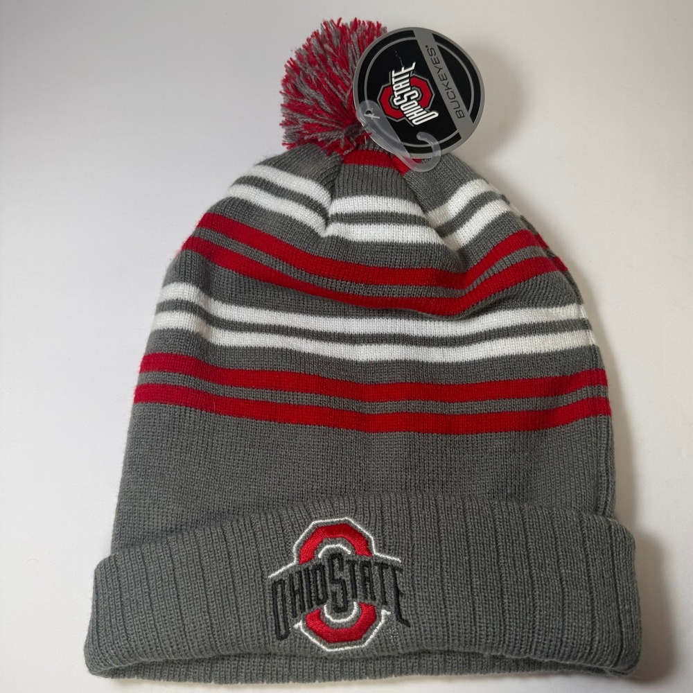 Ohio State Buckeyes Beanie Hat Mens Grey Red Striped Pom Cuffed Knit Cap NWT